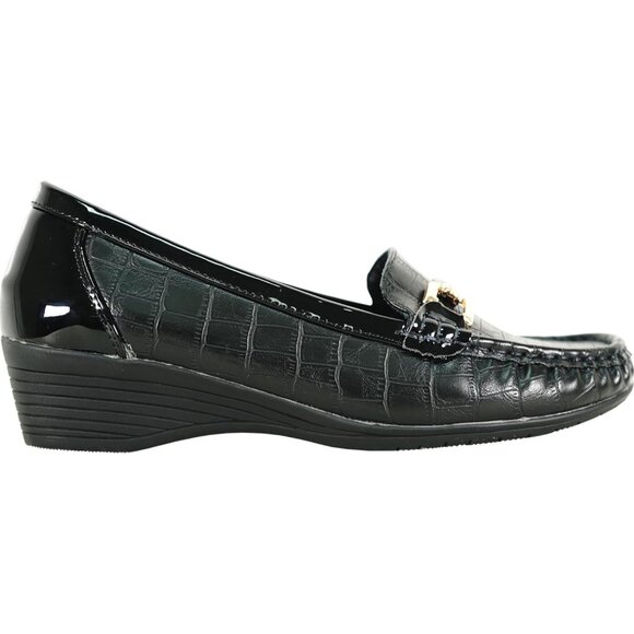 Women Black 2 Faux Leather Round Toe Removable Insole Wedge Slip-On Penny Loafer - Picture 5 of 8